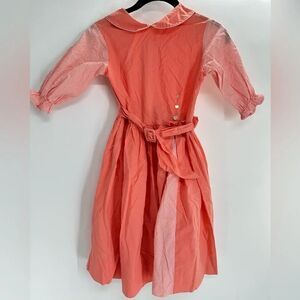 Vtg 50-60s Girls Coral Dress Peter Pan Collar Belted Full Skirt Cotton Size 10